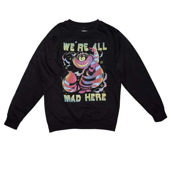 Disney Alice In Wonderland Cheshire Cat Black Crewneck Sweatshirt - Picture 1 of 2